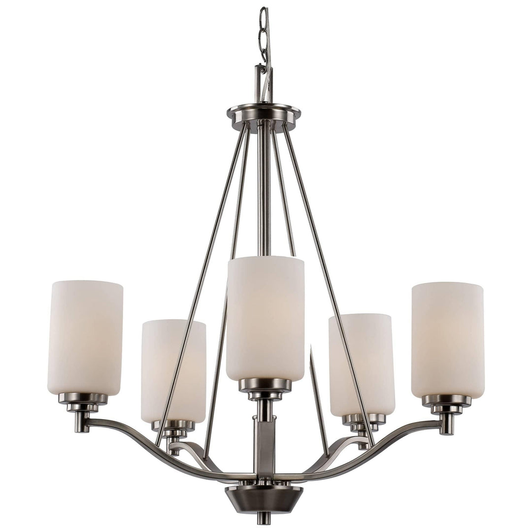 5-light brushed nickel chandelier with frosted glass shades for modern dining room lighting