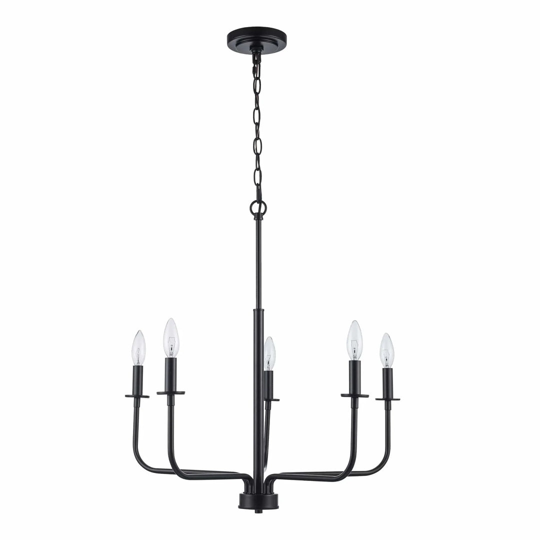 Five-light black candelabra chandelier hanging fixture for dining or living room illumination