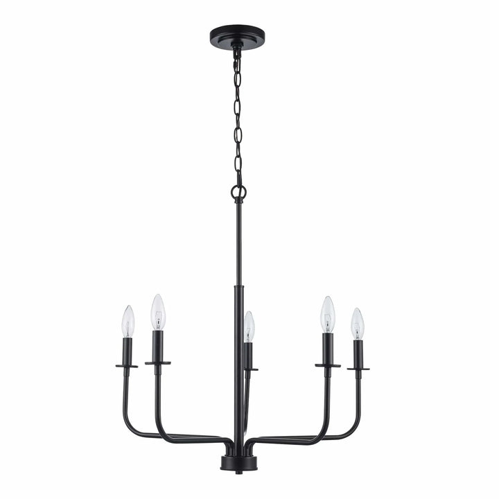 Five-light black candelabra chandelier hanging fixture for dining or living room illumination