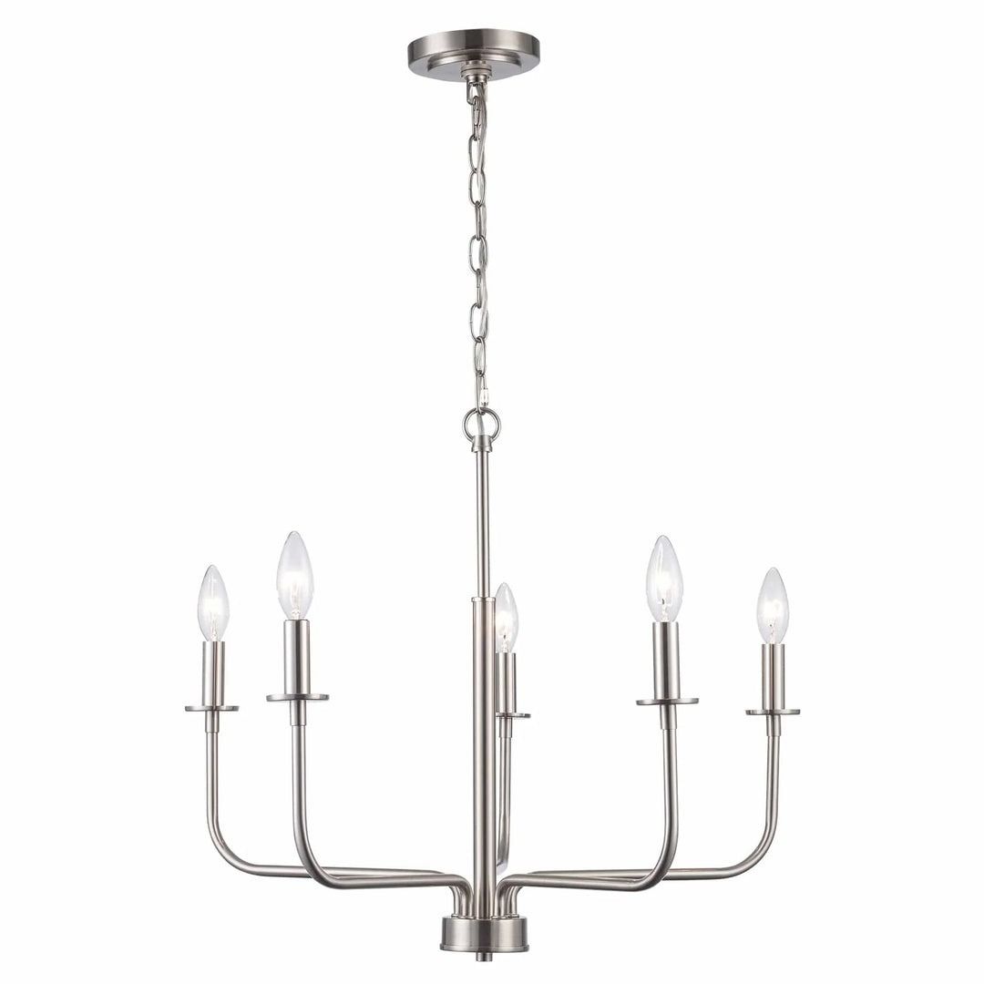 Modern 5-light candelabra chandelier with brushed nickel finish for dining room or entryway lighting