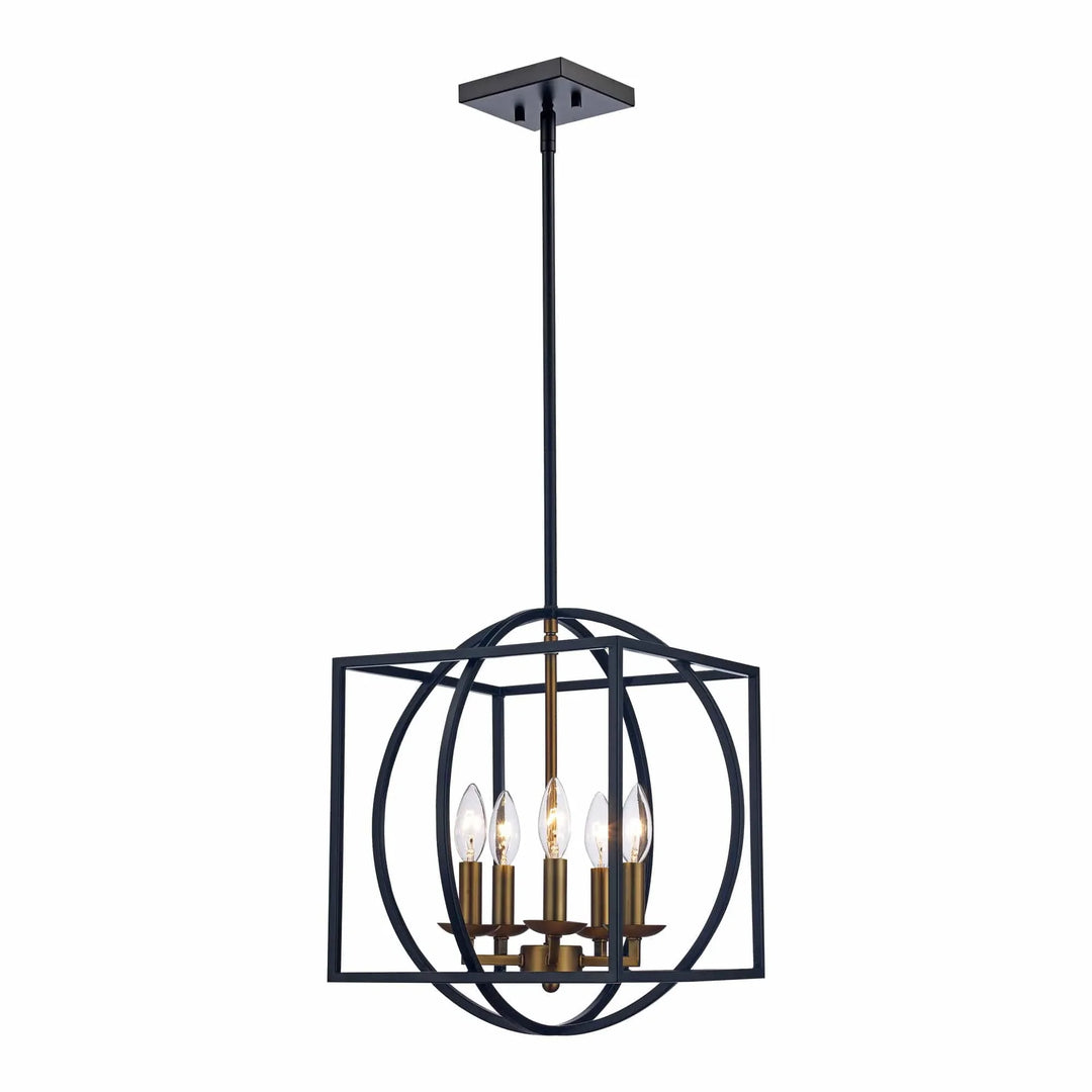 Modern 5-light cage chandelier in black and gold, ideal for dining room or entryway lighting