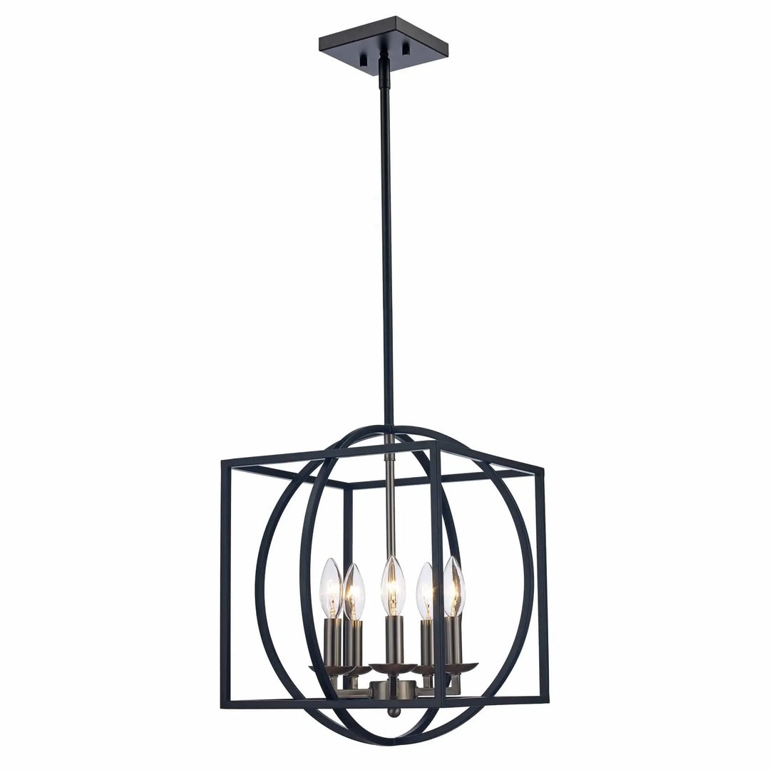Five-light modern cage chandelier with nickel and black finish, ideal for dining room or entryway lighting