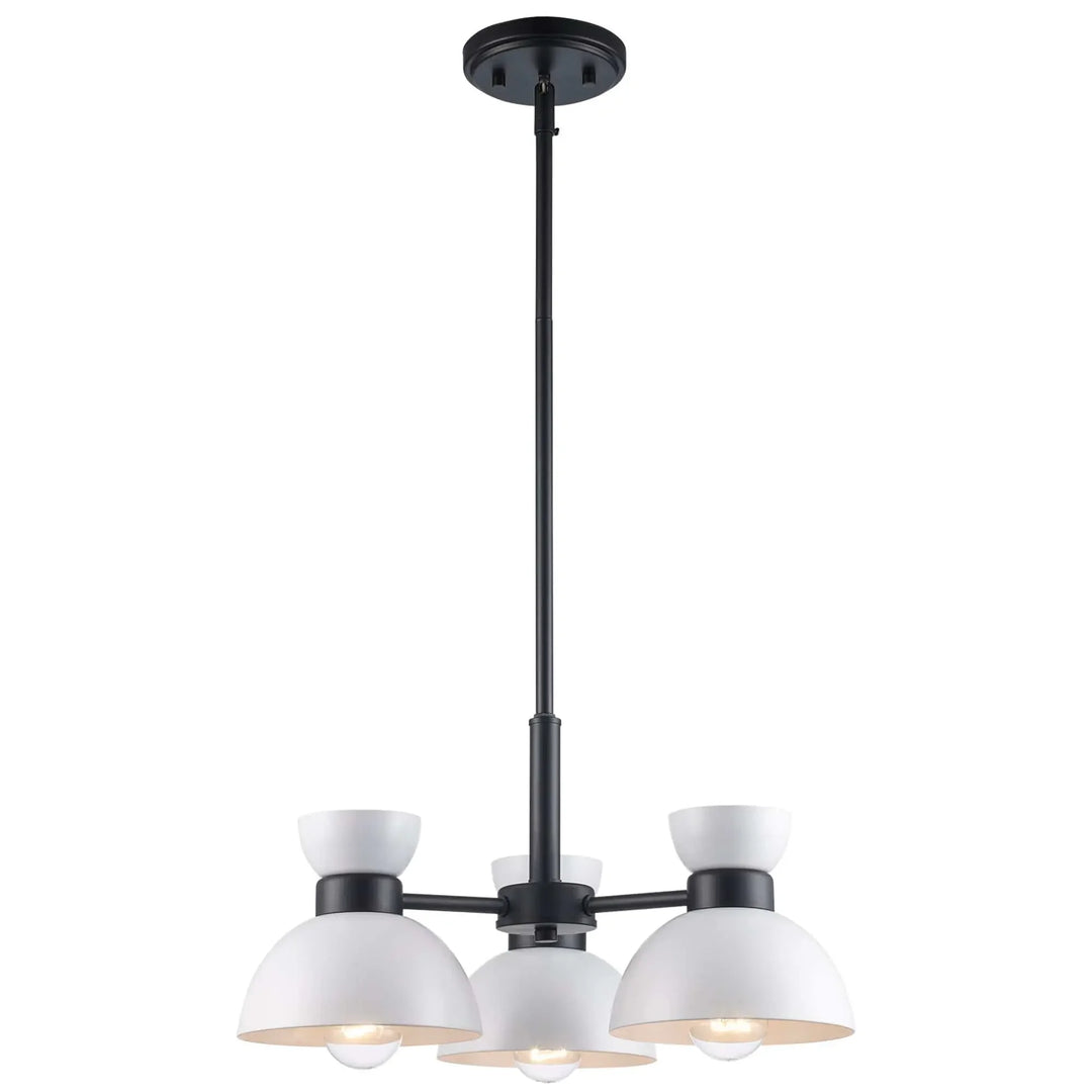 Modern chandelier with five white and black pendant lights for dining or living room illumination