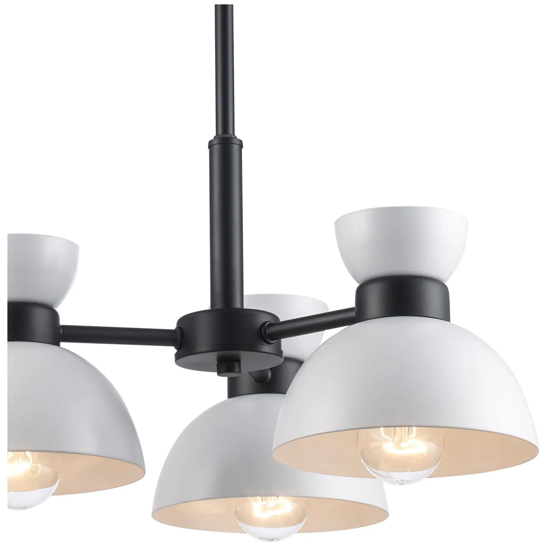 Modern black and white chandelier with five dome-shaped pendant lights for dining room or kitchen