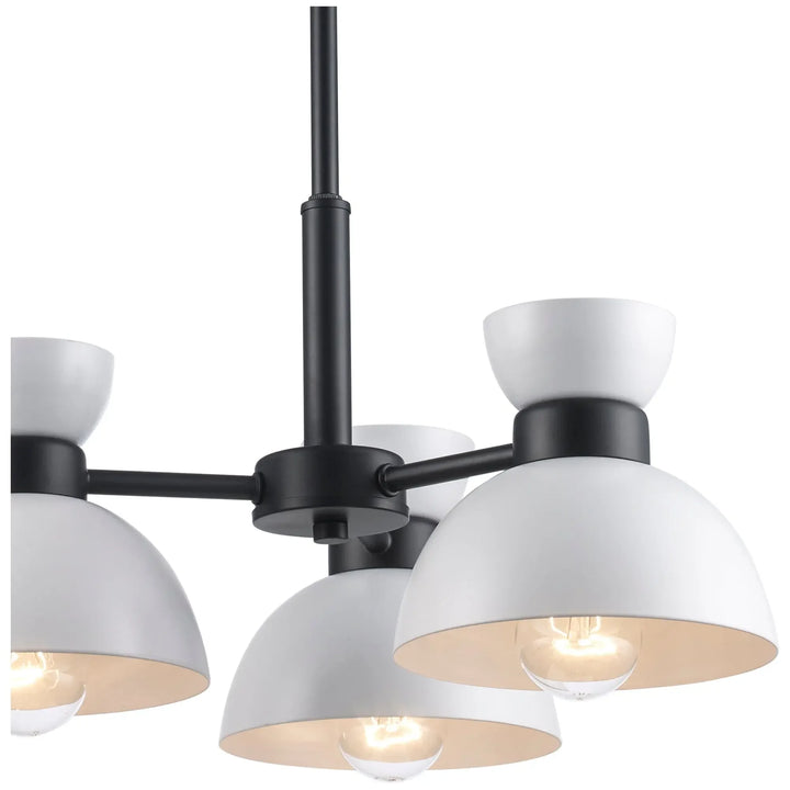 Modern black and white chandelier with five dome-shaped pendant lights for dining room or kitchen