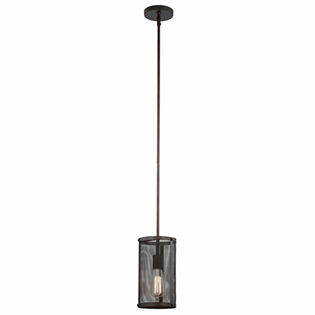 Pendant light with cylindrical mesh shade and exposed Edison bulb for modern kitchen or dining lighting