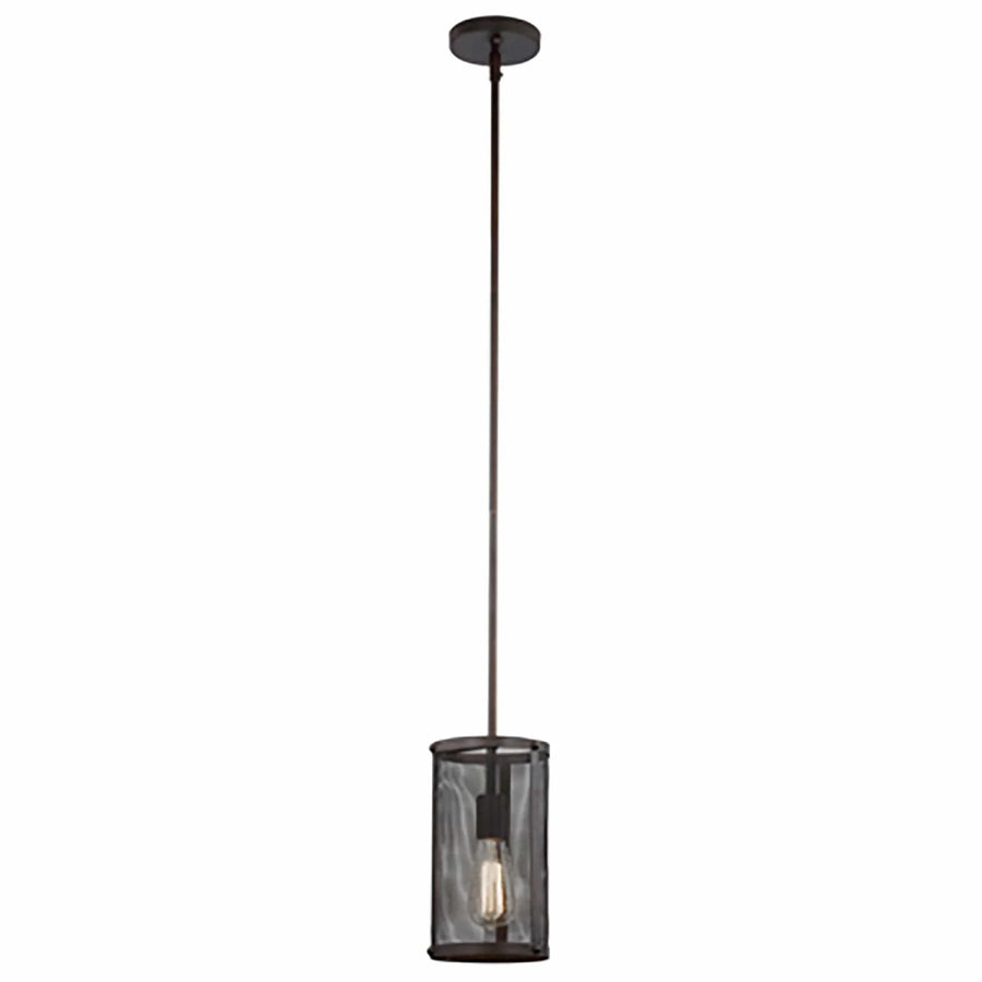 Pendant light with cylindrical mesh shade and exposed Edison bulb for modern kitchen or dining lighting