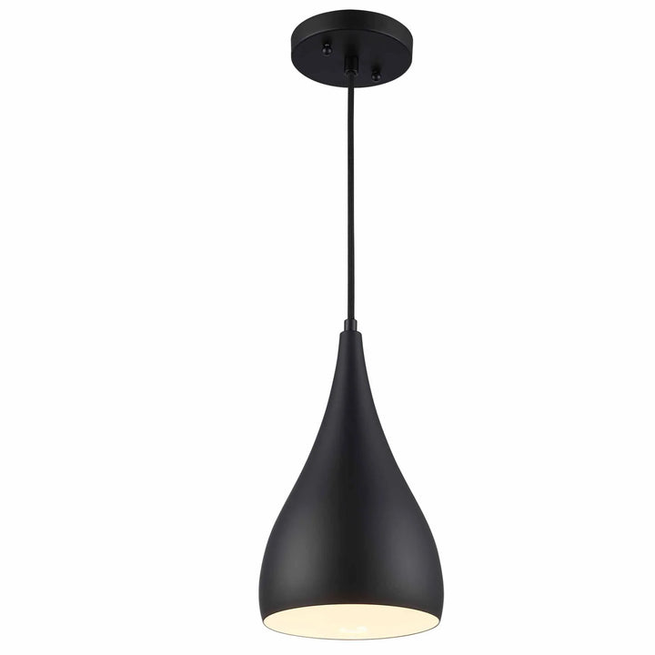 Black metal pendant light with teardrop shade for modern kitchen or dining room lighting