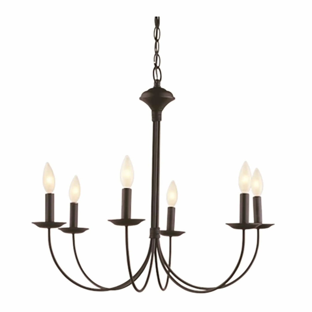 Six-light candle chandelier in oil rubbed bronze finish for dining room or entryway lighting