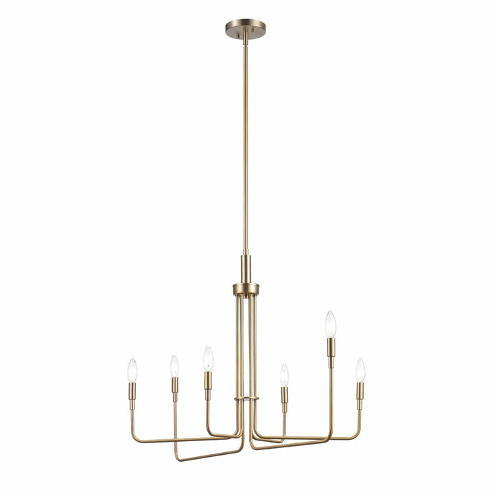 Modern 6-light gold chandelier with candle-style bulbs for dining room or entryway lighting