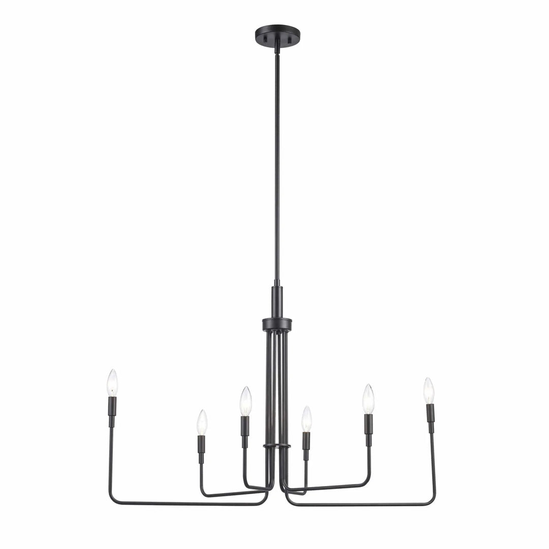 Modern 6-light black chandelier with candle-style bulbs for dining room or living space lighting