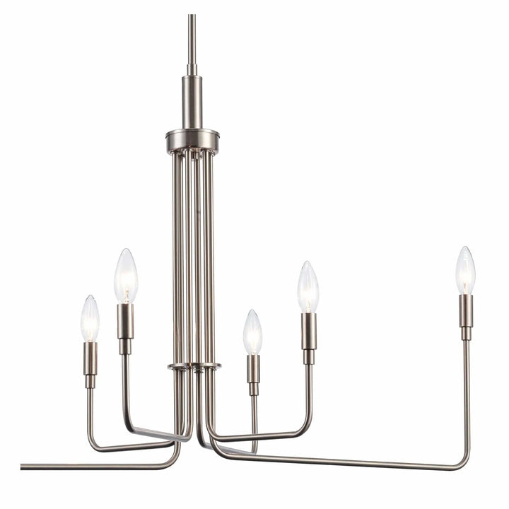 Modern 6-light brushed nickel chandelier with candle-style bulbs for dining room lighting