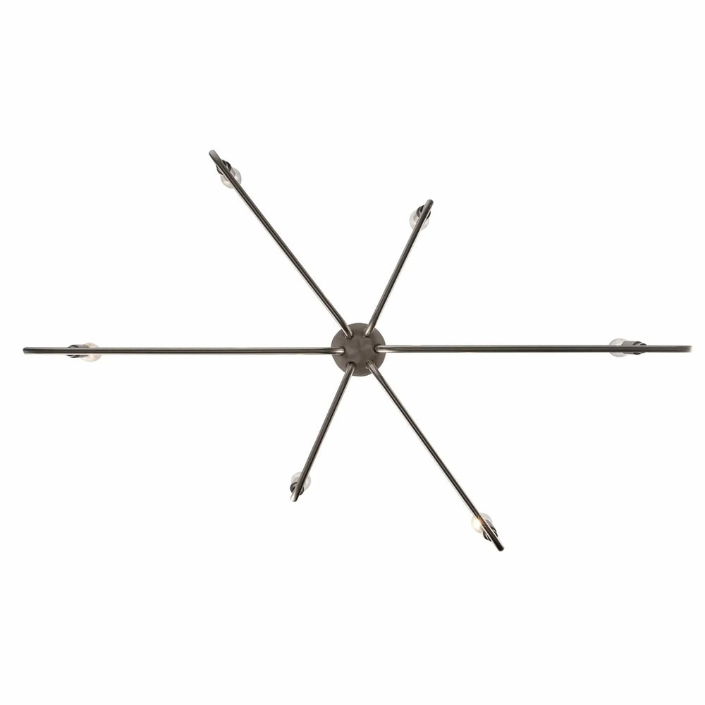 Modern 6-light brushed nickel chandelier with minimalist candle arms for living room or dining area