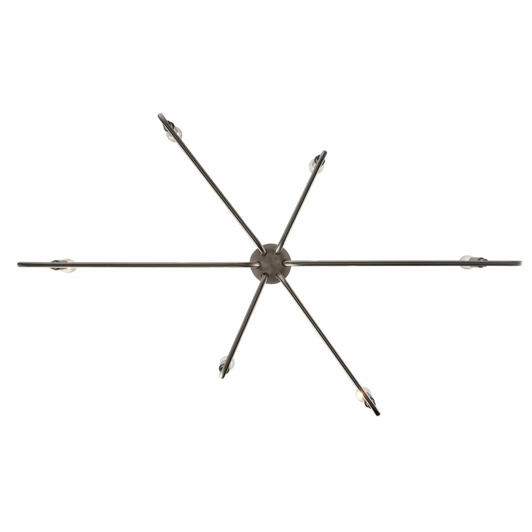 Modern 6-light brushed nickel chandelier with minimalist candle arms for living room or dining area