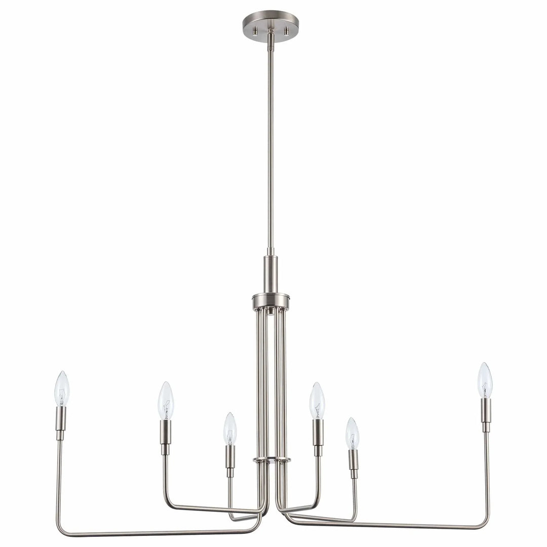 Modern 6-light brushed nickel chandelier with exposed bulbs for dining room or entryway lighting