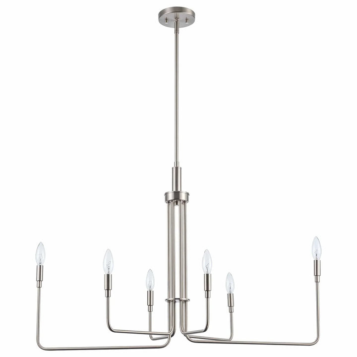 Modern 6-light brushed nickel chandelier with exposed bulbs for dining room or entryway lighting