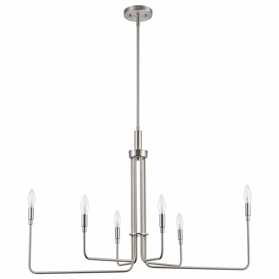 Modern 6-light brushed nickel chandelier with exposed bulbs for dining room or entryway lighting