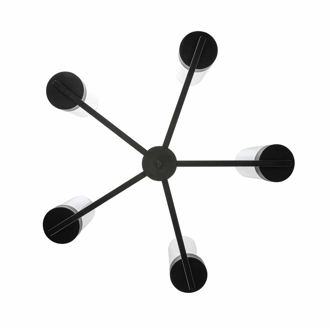 Modern candelabra chandelier with six black and white cylindrical lights for dining room lighting