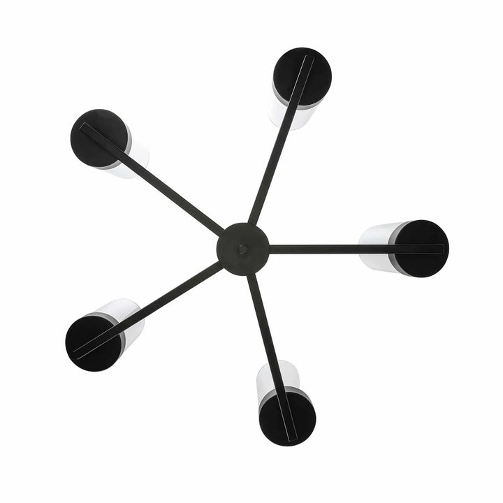 Modern candelabra chandelier with six black and white cylindrical lights for dining room lighting