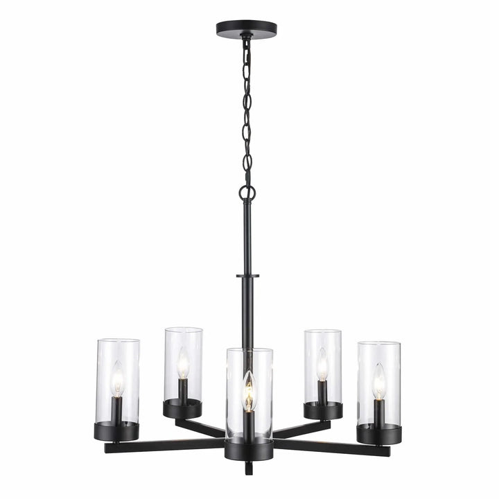 Modern black candelabra chandelier with six glass shades for dining room or entryway lighting