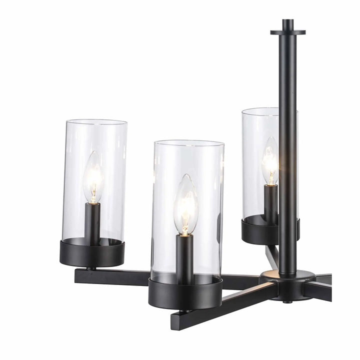 Modern black candelabra chandelier with six clear glass shades for dining room or entryway lighting