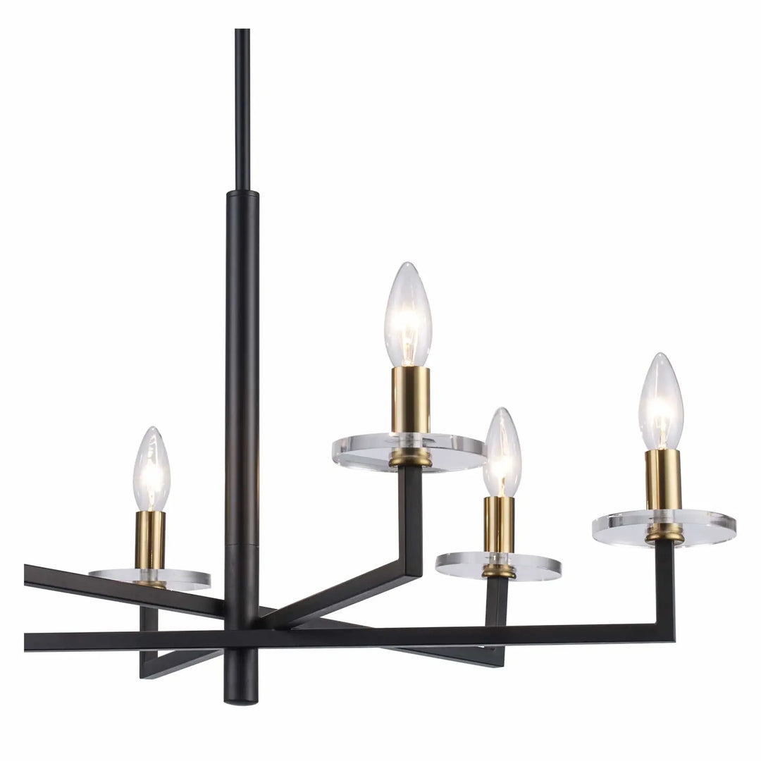 Modern candelabra chandelier with six lights in black and antique gold for dining room lighting