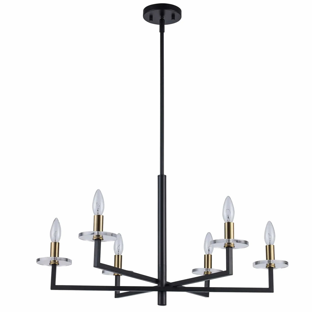 6-light modern candelabra chandelier with black frame and gold accents for dining room lighting