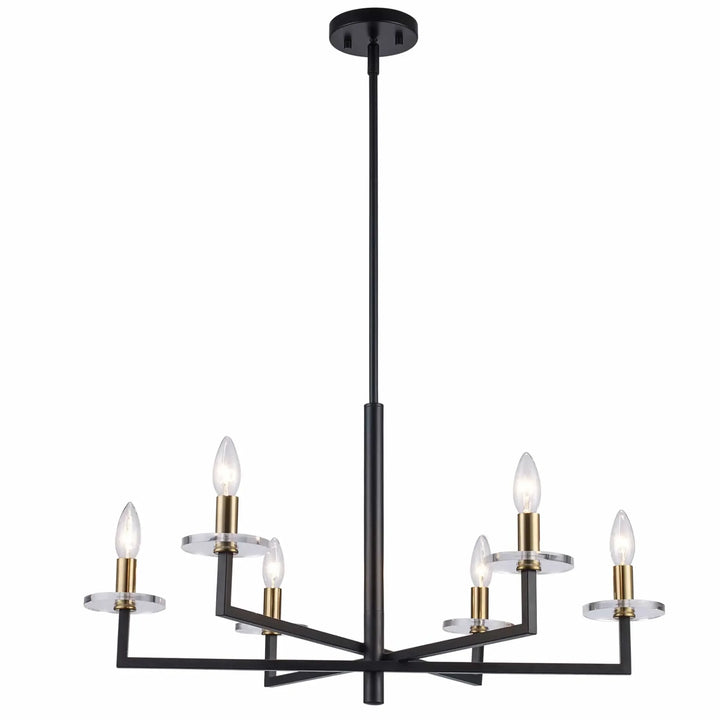 Modern candelabra chandelier with six lights, black and gold finish, for dining room lighting