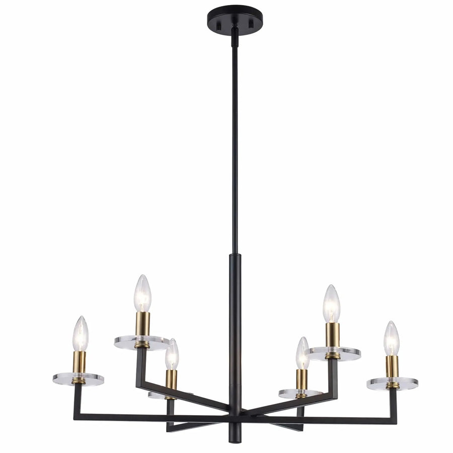 Modern candelabra chandelier with six lights, black and gold finish, for dining room lighting