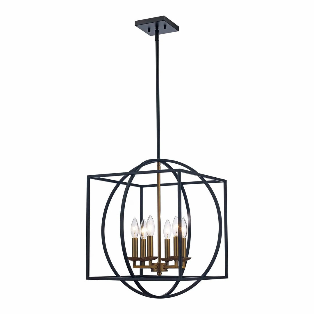 6 light cage chandelier with black and nickel geometric frame for modern dining room lighting