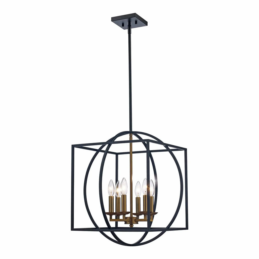 6 light cage chandelier with black and nickel geometric frame for modern dining room lighting