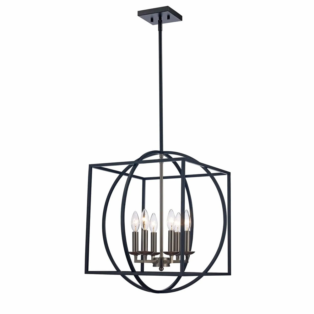 6-light two-tone cage chandelier in nickel and black for modern dining room or entryway lighting