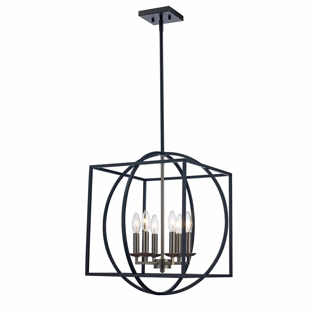 6-light two-tone cage chandelier in nickel and black for modern dining room or entryway lighting