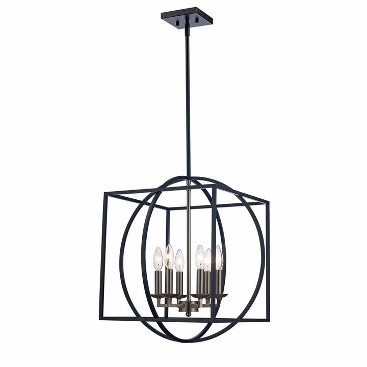 6-light two-tone cage chandelier in nickel and black for modern dining room or entryway lighting