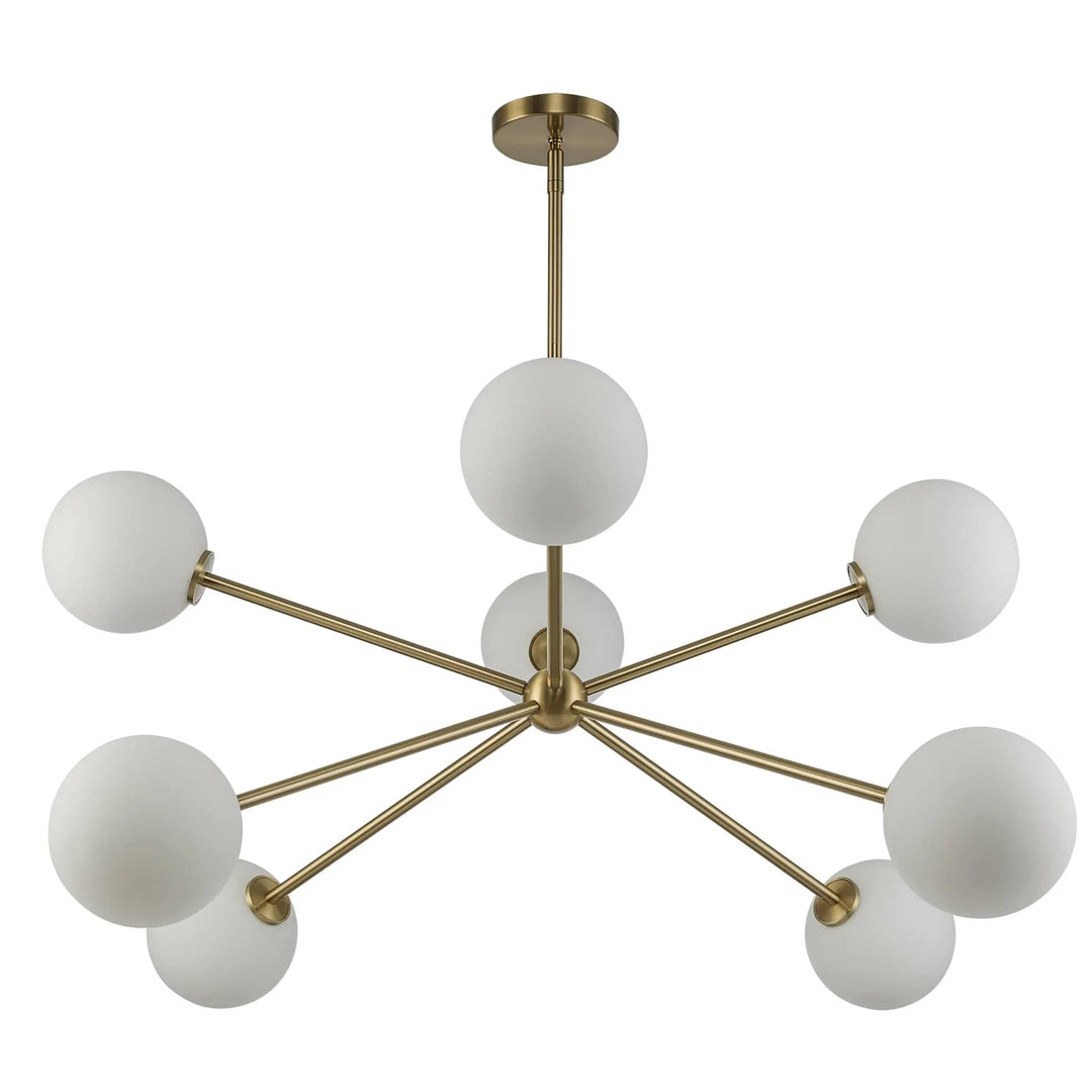 Modern sputnik chandelier with eight frosted globe lights and antique gold finish for living room lighting