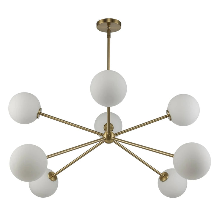 Modern sputnik chandelier with eight frosted globe lights and antique gold finish for living room lighting