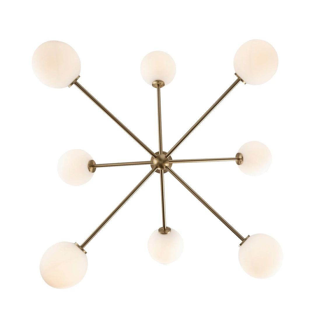 Modern sputnik ceiling light fixture with eight white glass globes for residential lighting