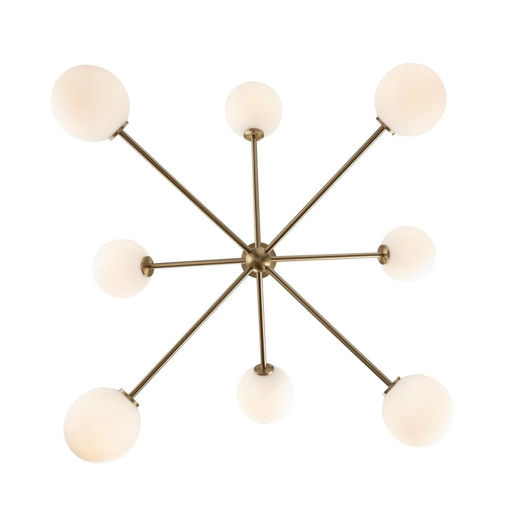 Modern sputnik ceiling light fixture with eight white glass globes for residential lighting