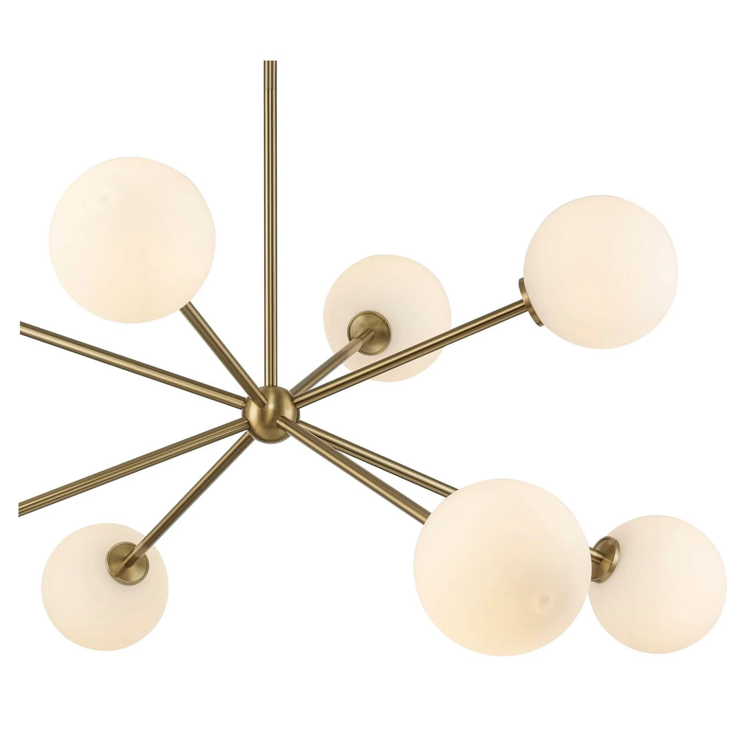 Modern sputnik chandelier with antique gold arms and eight white glass globe lights for living room