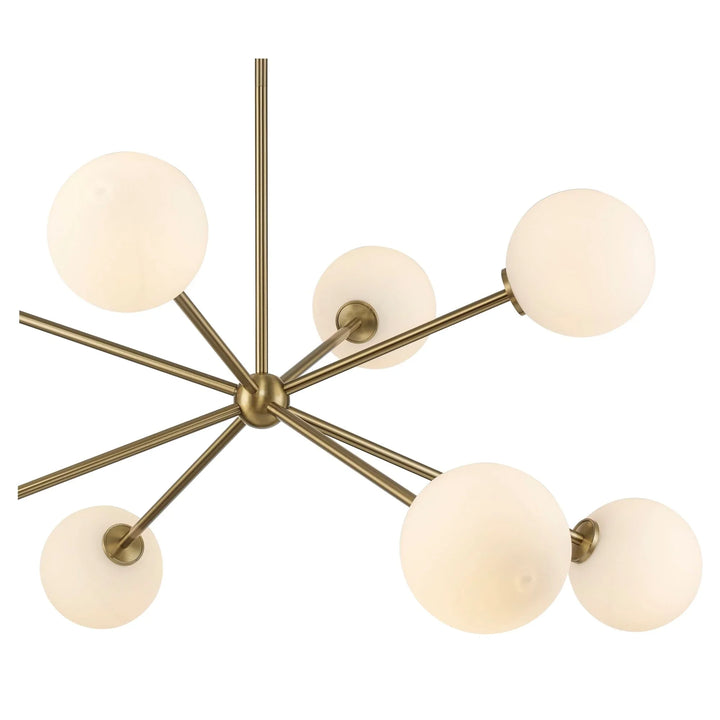 Modern sputnik chandelier with antique gold arms and eight white glass globe lights for living room