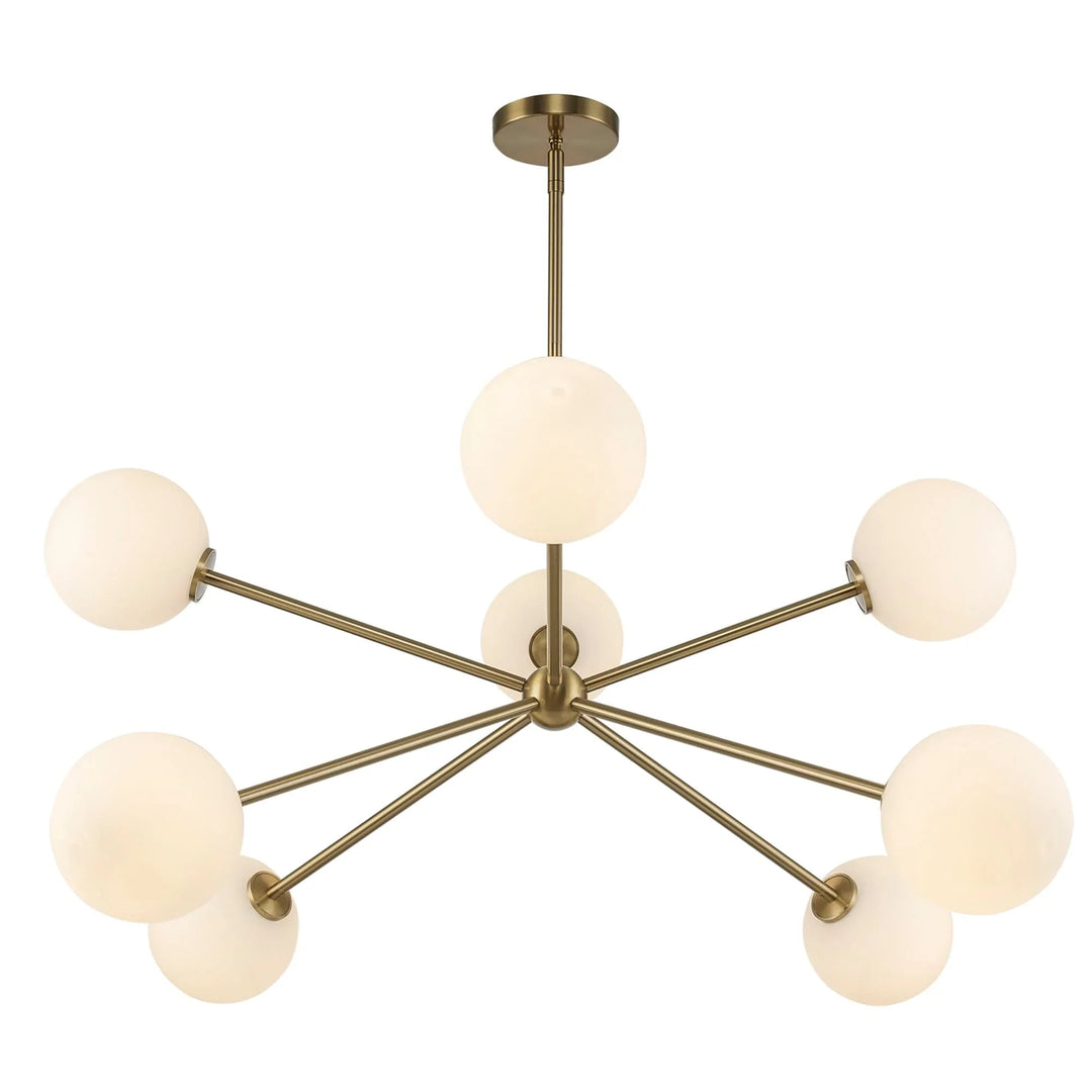 Modern sputnik chandelier with eight globe lights in antique gold for living room or dining area