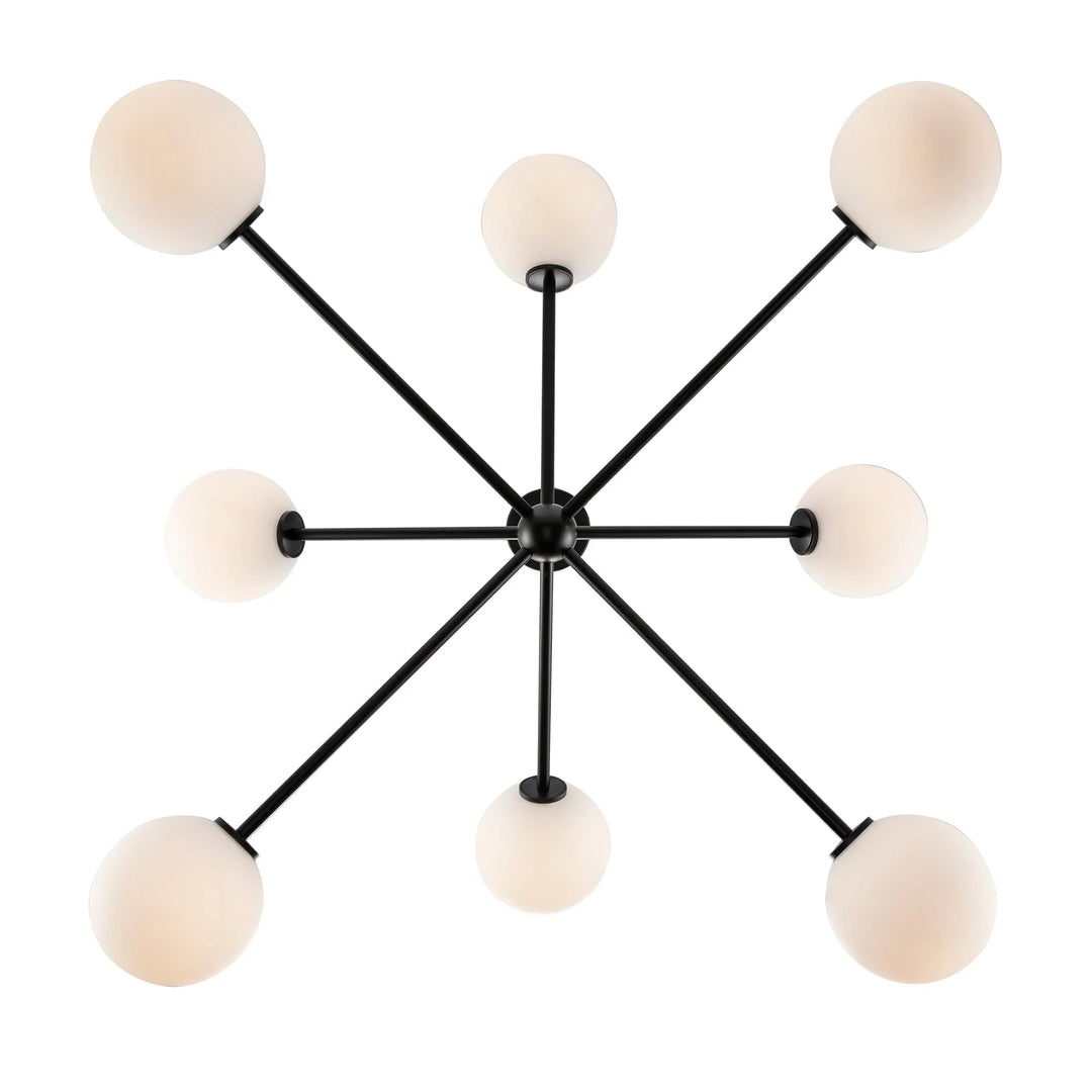 Modern sputnik ceiling light fixture with eight white globe bulbs for residential lighting