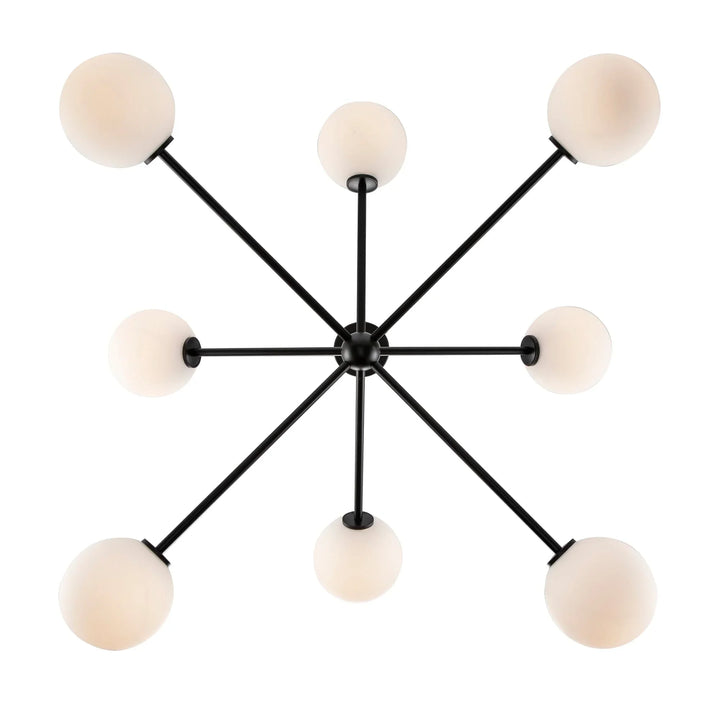 Modern sputnik ceiling light fixture with eight white globe bulbs for residential lighting
