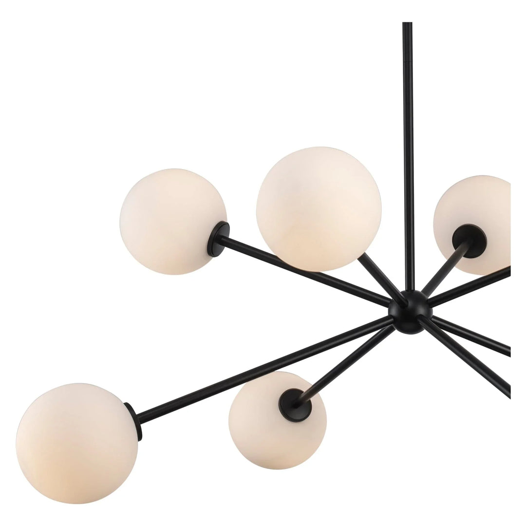 Modern sputnik chandelier with opal glass globes and black metal arms for living room lighting