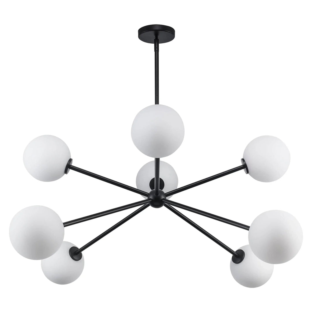 Modern sputnik chandelier with black metal arms and white globe lights for living room or dining area
