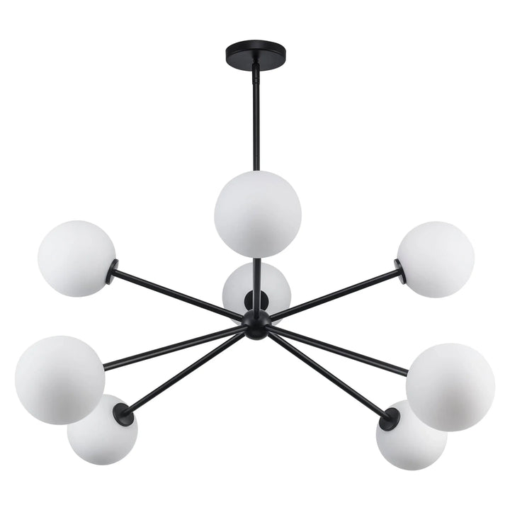 Modern sputnik chandelier with black metal arms and white globe lights for living room or dining area