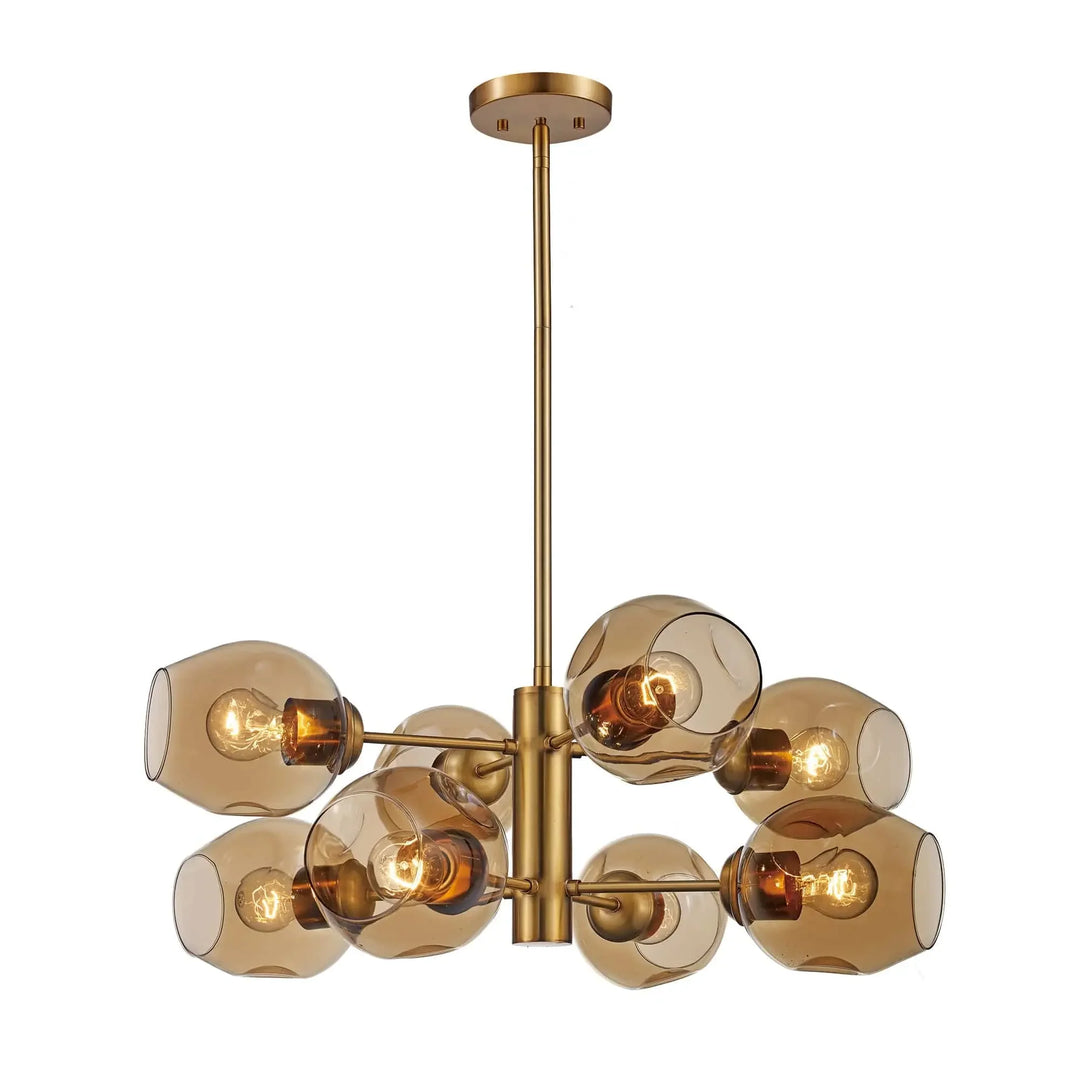 Mid-century modern 8-light pendant chandelier with amber glass shades and antique gold metal for living room lighting