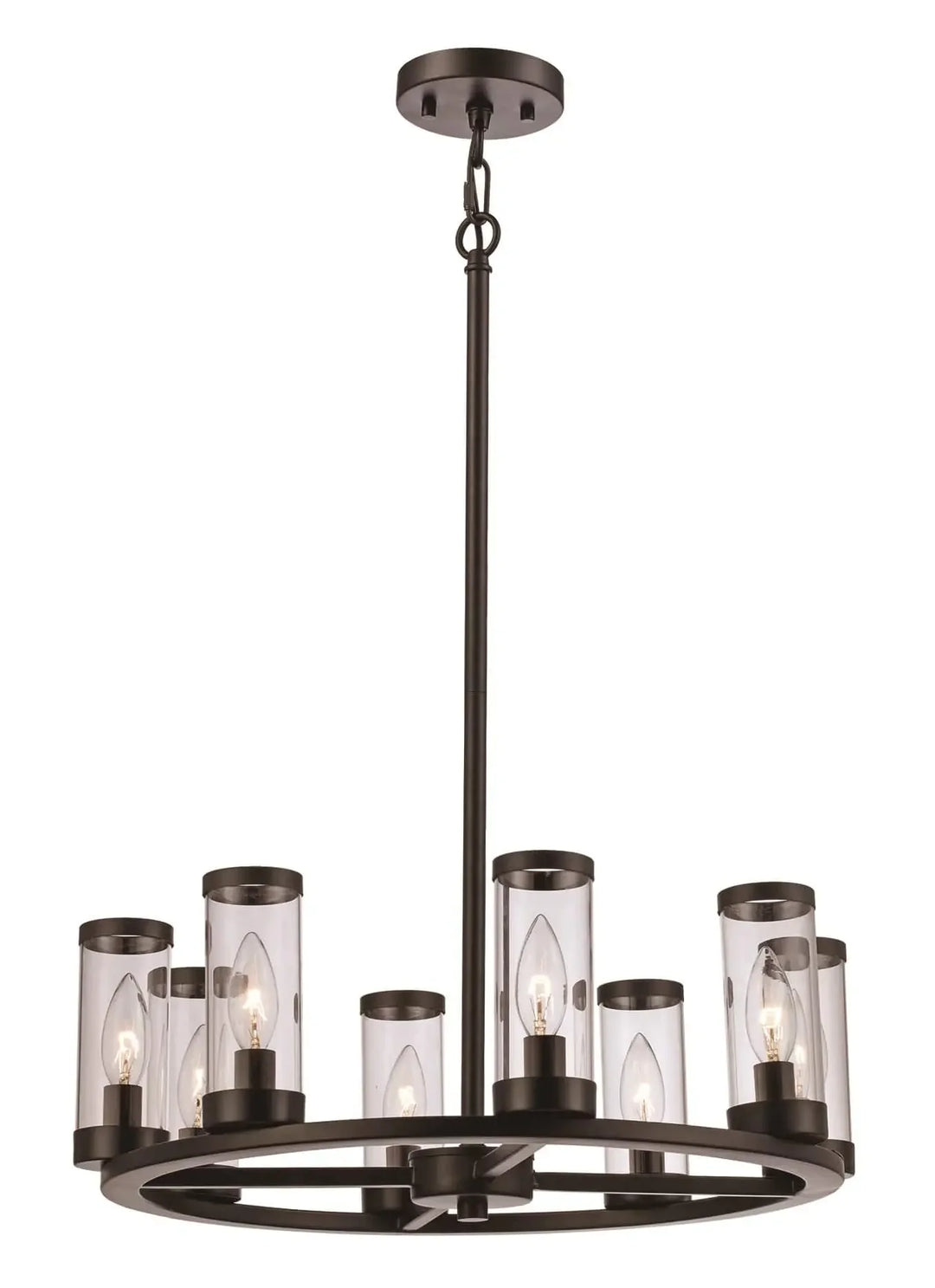 8-light wagon wheel chandelier with clear glass shades and black metal frame for dining room