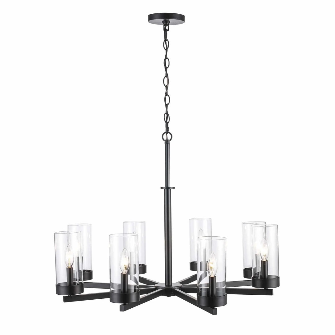 8-light black chandelier with cylindrical glass shades for modern dining room or entryway lighting