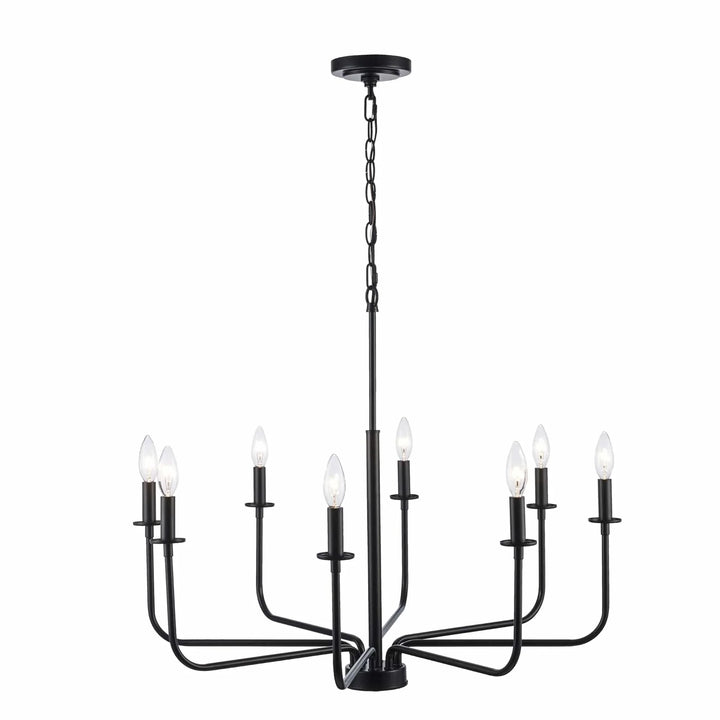 8-light black candelabra chandelier with exposed bulbs for modern dining or living room lighting